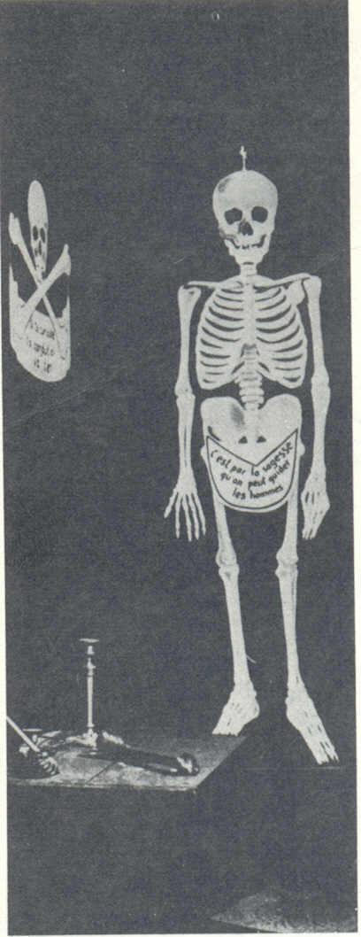The 'meditation room' where a candidate for freemasonry is left alone before being conducted to the 'Lodge' in order to be initiated into the first degree. Just before he 'recieves the light' the candidate, who is regarded of being still 'profane' must draw up his philosophical and moral testament - language on the skeleton's apron is French