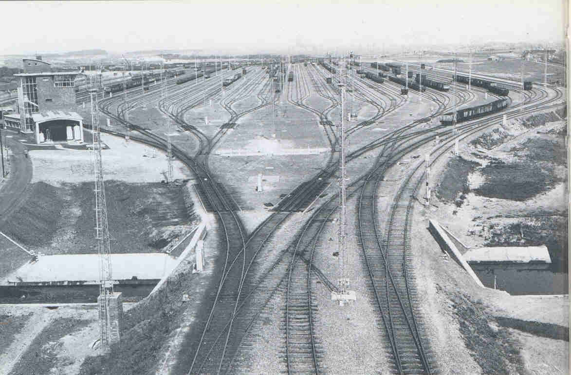 Margam Yard in Port Talbot S. Wales, opened in 1960 with 'hump' in the foreground. (high lighting)